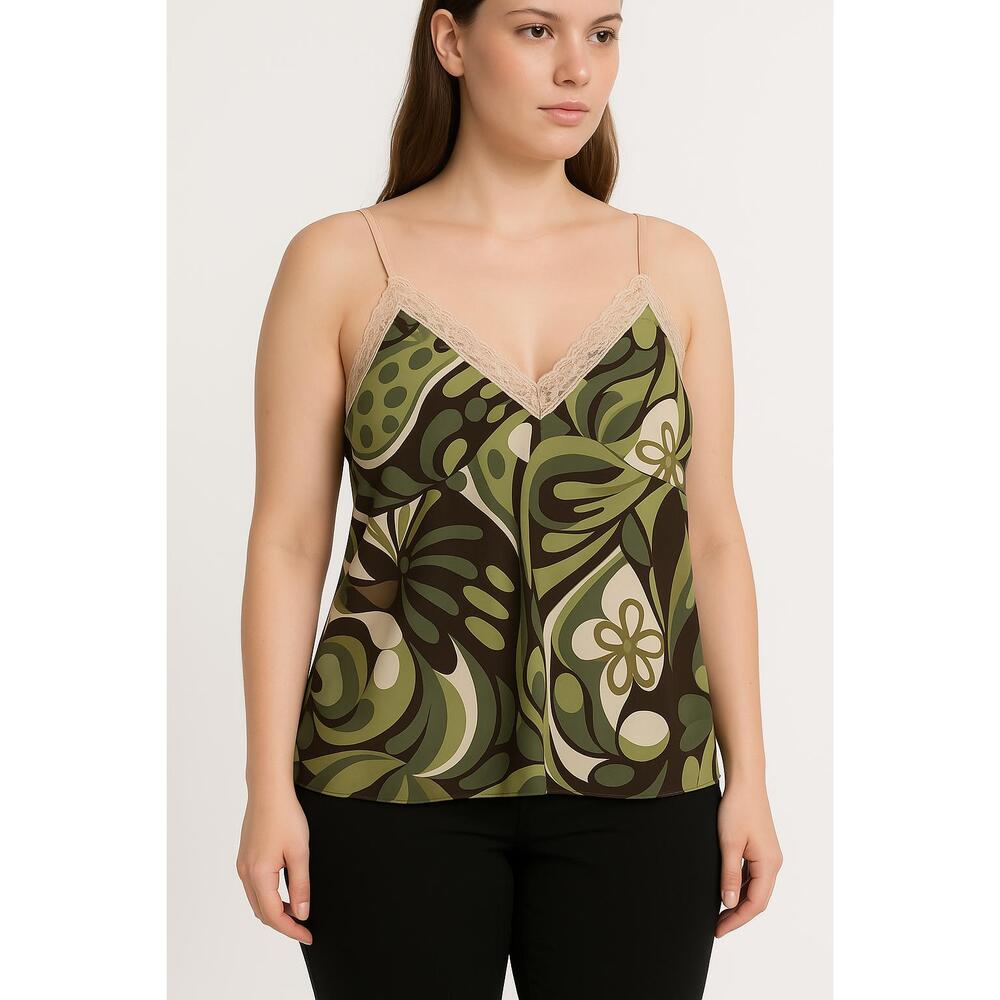 E K Designs Camisole Womens Size XL Olive Green Paisley LaceTrim Spaghetti Strap